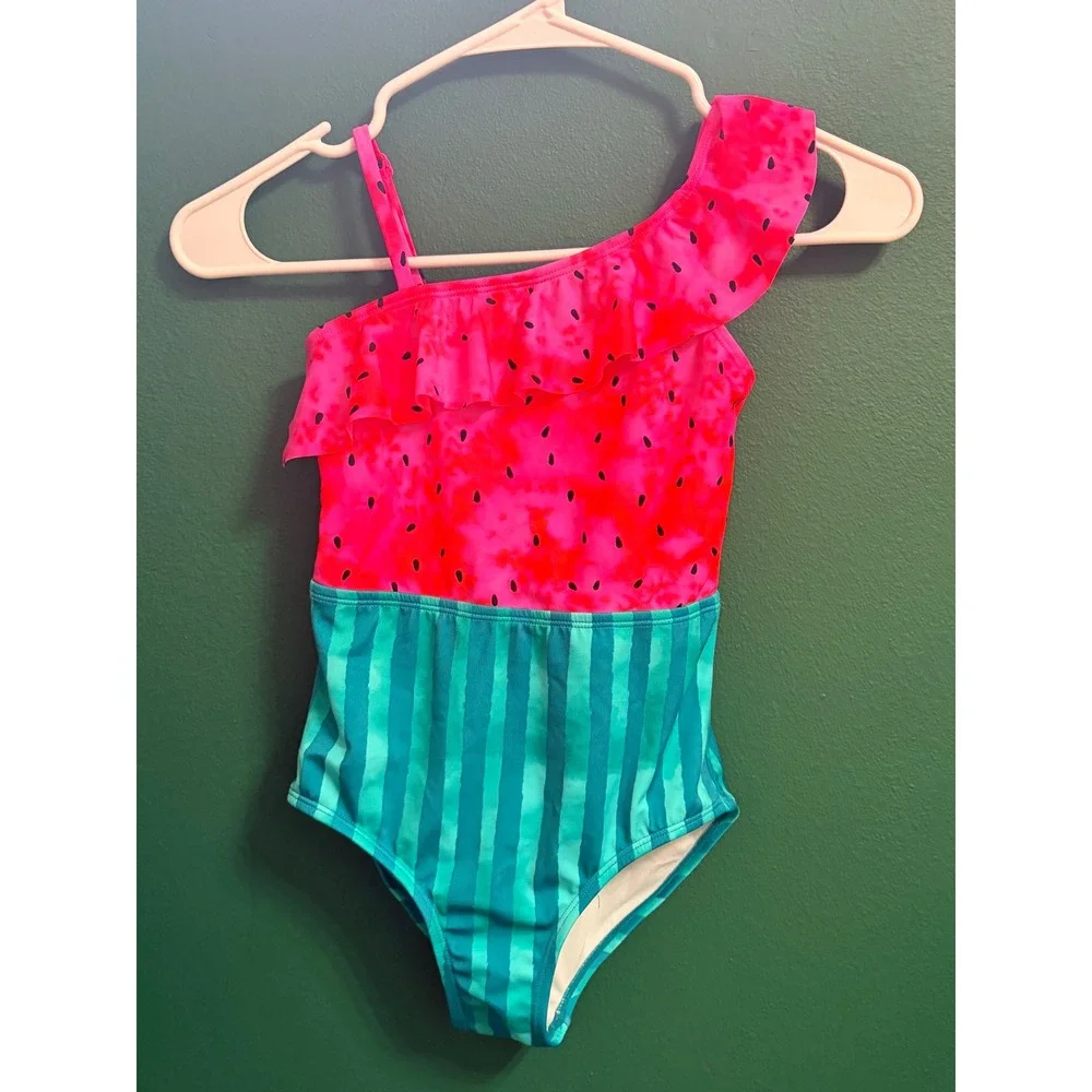 Cat & Jack Watermelon Ruffle 1pc Swim Bathing Suit Girl Small 6/7 NEW NWOT